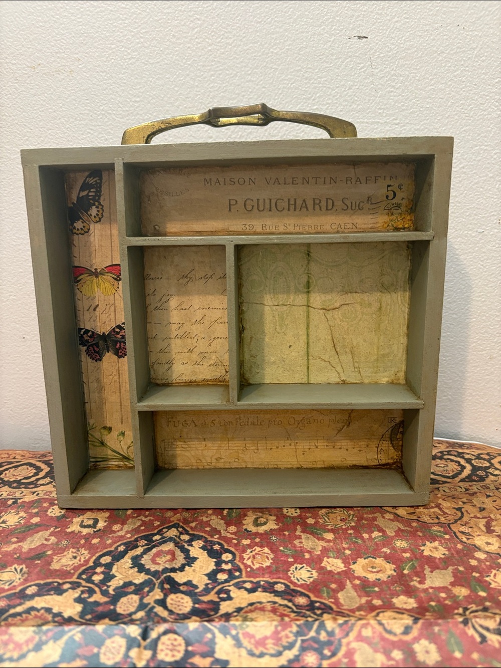 Vintage-Style SageGreen Wooden Wall Shelf with Brass Handle